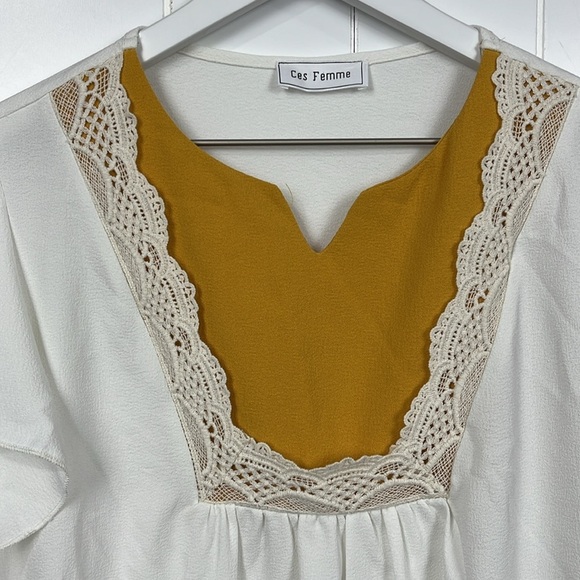 Ces Femme Womens Babydoll Top White Gold Flutter Sleeves Peplum Hem Square Neck - Picture 3 of 11